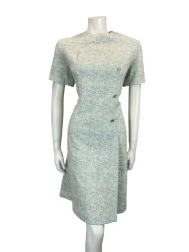 VTG 60S BLUE WHITE GOLD SWIRLY SPARKLY MOD DIAMANTE PARTY SHIFT DRESS 14 16
