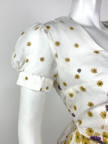 VINTAGE 60s 70s WHITE YELLOW PURPLE FLORAL DAISY SHEER PUFF SLEEVE MOD DRESS 10