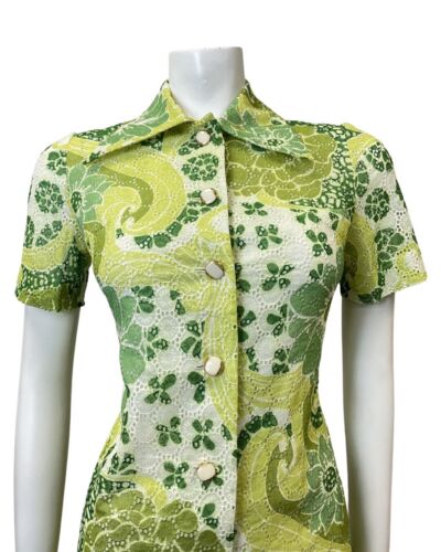 VTG 70s 90s GREEN YELLOW WHITE ANGALISE LACE FLORAL MOD DAGGER SHIRT DRESS 8 10