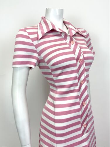 VINTAGE 60s 70s PINK WHITE STRIPED MOD DAGGER COLLAR SWING SHIRT DRESS 10