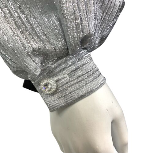 VINTAGE 60s 70s METALLIC SILVER STRIPED DISCO PARTY PEASANT BLOUSE 12 14