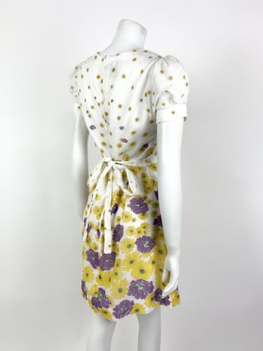 VINTAGE 60s 70s WHITE YELLOW PURPLE FLORAL DAISY SHEER PUFF SLEEVE MOD DRESS 10