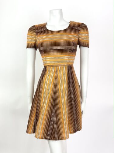 VINTAGE 60s 70s ORANGE BROWN WHITE GEOMETRIC STRIPED MOD FIT AND FLARE DRESS 10