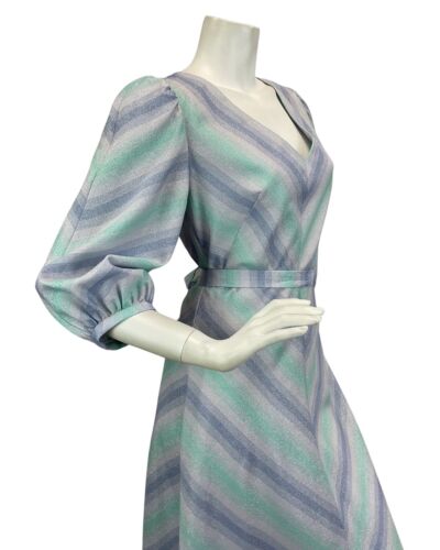 VINTAGE 60s 70s BLUE LILAC SILVER ABSTRACT PRINT BOHO DISCO PARTY MAXI DRESS 12