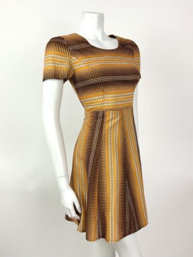 VINTAGE 60s 70s ORANGE BROWN WHITE GEOMETRIC STRIPED MOD FIT AND FLARE DRESS 10