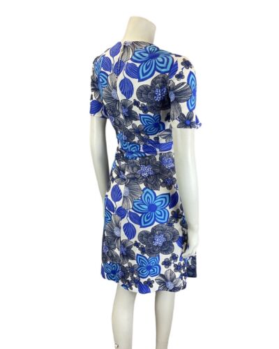 VINTAGE 60s 70s BLUE BLACK WHITE PSYCHEDELIC FLORAL SHORT SLEEVE MOD DRESS 12