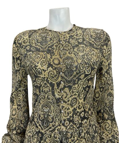 VTG 60S BLACK GOLD PSYCHEDELIC PAISLEY DIAMANTE BISHOP SLEEVE TUNIC PARTY TOP 10
