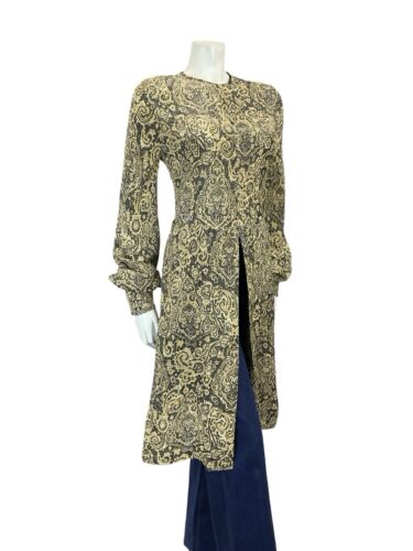VTG 60S BLACK GOLD PSYCHEDELIC PAISLEY DIAMANTE BISHOP SLEEVE TUNIC PARTY TOP 10