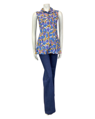 VINTAGE 60s 70s WHITE PURPLE BLUE GEOMTERIC FLORAL SLEEVELESS BLOUSE 8 10