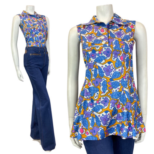 VINTAGE 60s 70s WHITE PURPLE BLUE GEOMTERIC FLORAL SLEEVELESS BLOUSE 8 10