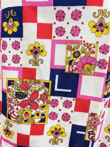 VINTAGE 60s 70s WHITE RED BLUE FLORAL GEOMETRIC PATCHWORK SLEEVELESS DRESS 12 14