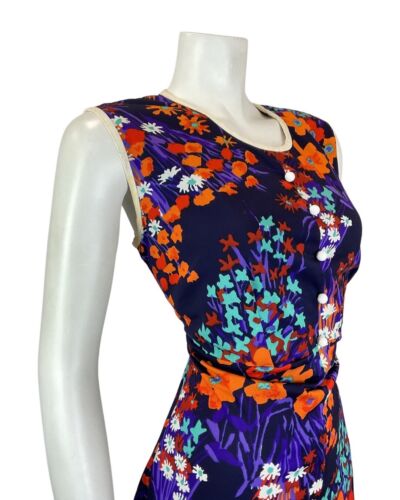 VINTAGE 60s 70s PURPLE ORANGE TEAL FLORAL MOD SLEEVELESS DRESS 12 14