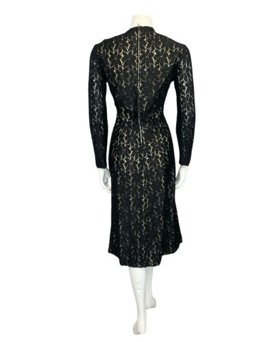 VTG 60S 70S BLACK EVENING LACE HANDMADE LONG SLEEVE PARTY MIDI DRESS 10 12