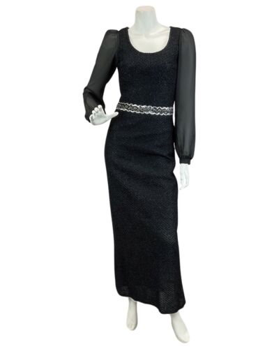 VINTAGE 60s 70s BLACK MIDNIGHT BLUE SPARKLY SEQUIN PARTY DISCO MAXI DRESS 8