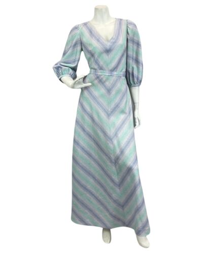 VINTAGE 60s 70s BLUE LILAC SILVER ABSTRACT PRINT BOHO DISCO PARTY MAXI DRESS 12