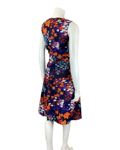 VINTAGE 60s 70s PURPLE ORANGE TEAL FLORAL MOD SLEEVELESS DRESS 12 14