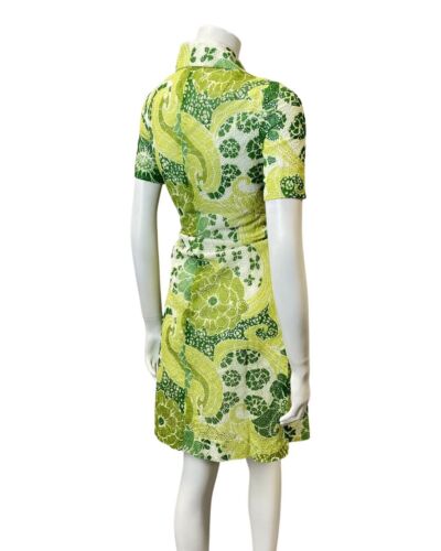 VTG 70s 90s GREEN YELLOW WHITE ANGALISE LACE FLORAL MOD DAGGER SHIRT DRESS 8 10