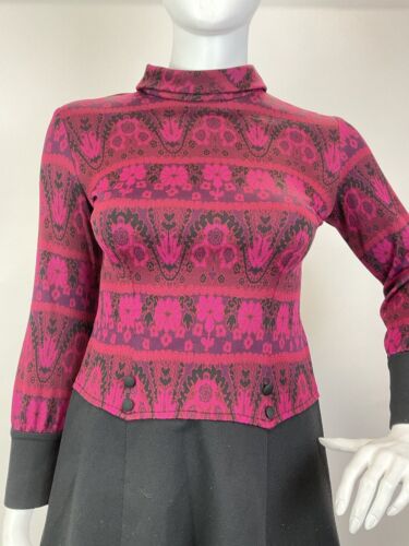 VTG 60s 70s PINK PURPLE BLACK PSYCHEDELIC FLORAL MOD TURTLENECK SCOOTER DRESS 16