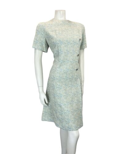 VTG 60S BLUE WHITE GOLD SWIRLY SPARKLY MOD DIAMANTE PARTY SHIFT DRESS 14 16