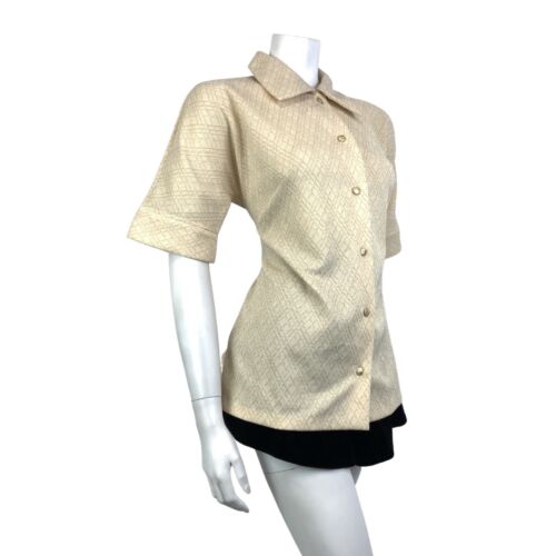 VINTAGE 60s 70s CREAM GOLD DIAMOND CHECKED MOD DISCO PARTY DAGGER SHIRT 12 14