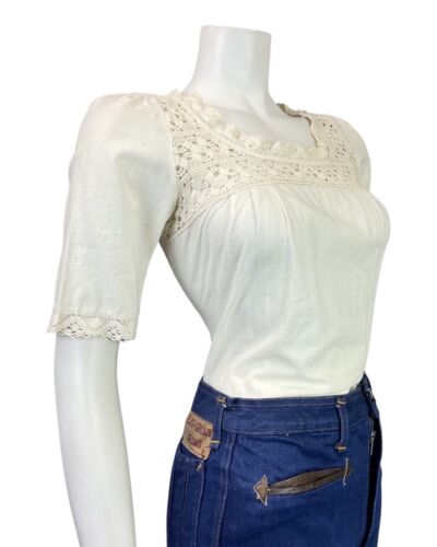 VINTAGE 60s 70s CREAM CROCHETED BOHO PRAIRIE COTTON BLOUSE 8 10