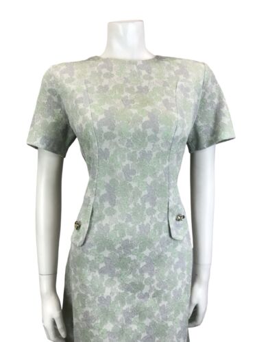 VTG 60S MOD GOGO MINT GREEN GREY WHITE SPARKLY LUREX LEAF PARTY SHIFT DRESS 12