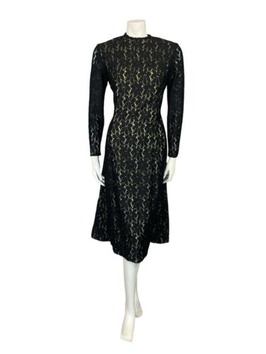 VTG 60S 70S BLACK EVENING LACE HANDMADE LONG SLEEVE PARTY MIDI DRESS 10 12