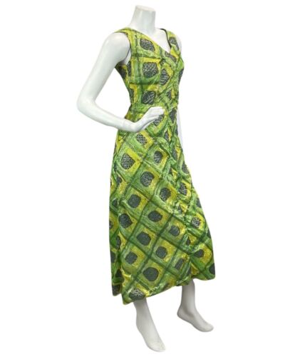 VINTAGE 60s 70s GREEN YELLOW GOLD SPARKLY DISCO PARTY EVENING MAXI DRESS 14
