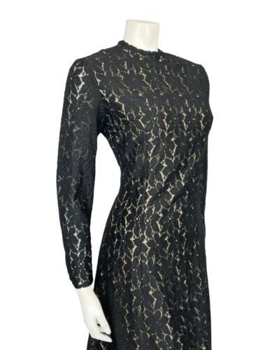VTG 60S 70S BLACK EVENING LACE HANDMADE LONG SLEEVE PARTY MIDI DRESS 10 12