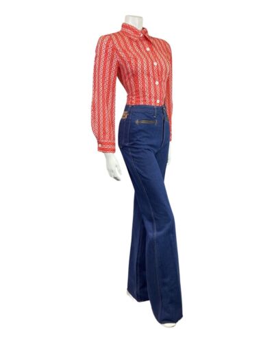 VINTAGE 60s 70s RED WHITE FLORAL DOTTY STRIPED MOD DAGGER BLOUSE SHIRT 10