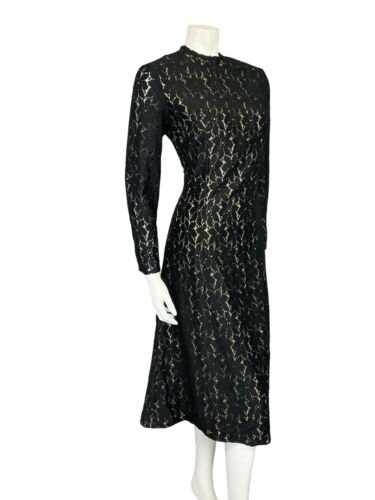 VTG 60S 70S BLACK EVENING LACE HANDMADE LONG SLEEVE PARTY MIDI DRESS 10 12