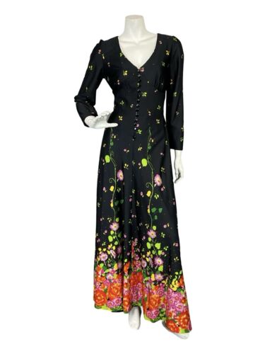 VTG 70S BLACK GREEN PINK ORANGE FLORAL PLUNGING NECK BUTTON UP MAXI DRESS 10 12