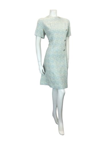 VTG 60S BLUE WHITE GOLD SWIRLY SPARKLY MOD DIAMANTE PARTY SHIFT DRESS 14 16