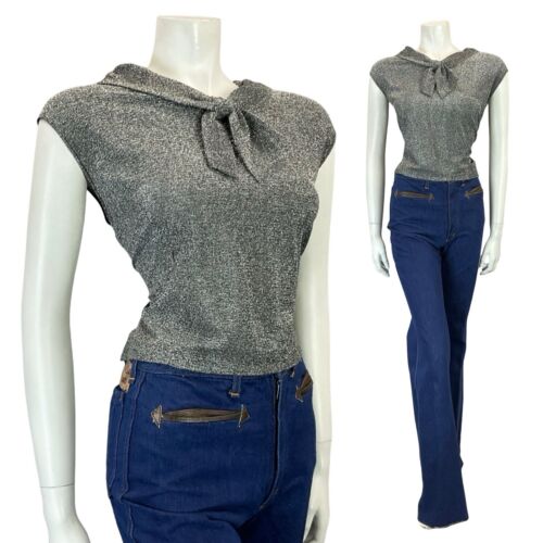 VTG 60S MOD DISCO STUDIO 54 SPARKLY SILVER LUREX SAILOR TIE PARTY TANK TOP 14 16