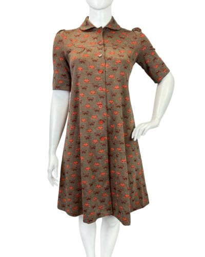 VINTAGE 60s 70s BROWN ORANGE BUTTERFLY PETER PAN COLLAR MOD TENT SWING DRESS 16