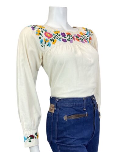 VINTAGE 60s 70s CREAM RED YELLOW FLORAL EMBROIDERED BOHO FOLK BLOUSE 10 12