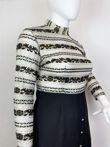 VTG 60s 70s BLACK SILVER GOLD STRIPED FLORAL SHEER PARTY GLAM FITTED DRESS 16