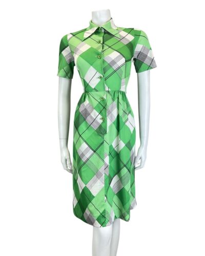 VINTAGE 60s 70s GREEN WHITE BLACK PLAID CHECKED MOD DAGGER SHIRT DRESS 8 10