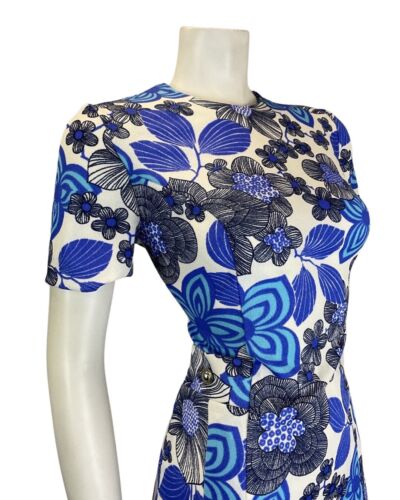 VINTAGE 60s 70s BLUE BLACK WHITE PSYCHEDELIC FLORAL SHORT SLEEVE MOD DRESS 12