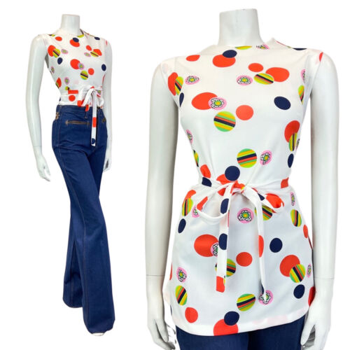 VINTAGE 60s 70s WHITE RED BLUE DOTTY FLORAL MOD BELTED SLEEVELESS TOP 12 14