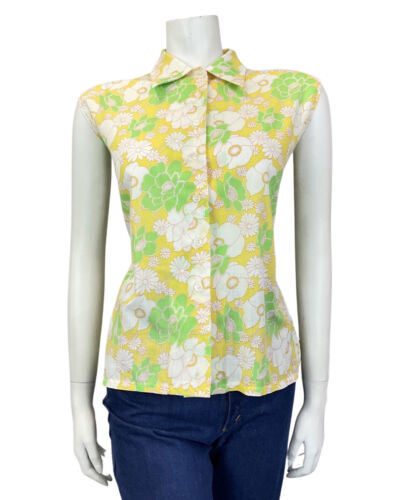 VINTAGE 60s 70s YELLOW WHITE GREEN FLORAL SLEEVELESS SHIRT BLOUSE 16 18