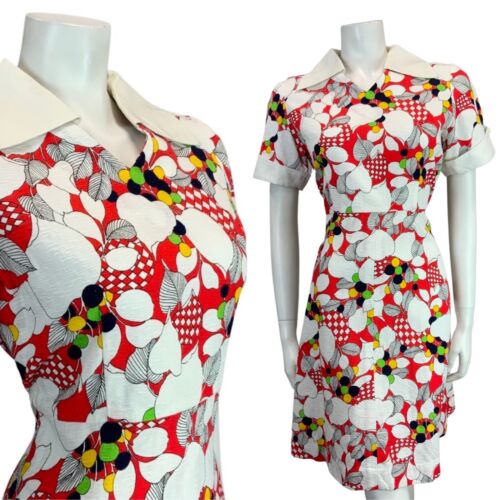 VINTAGE WHITE RED NAVY BLUE YELLOW GREEN FLORAL PRINT MIDI MOD DRESS 12