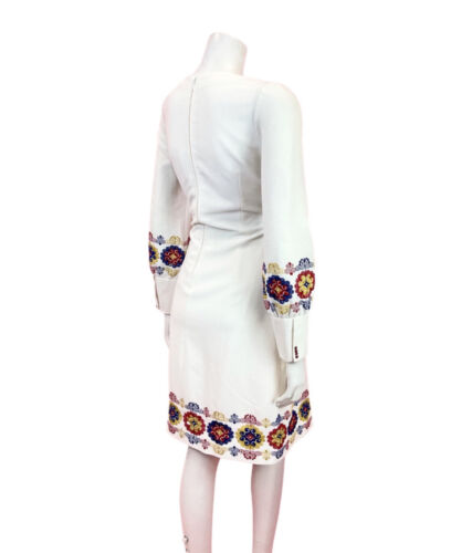 VINTAGE 60s 70s WHITE RED BLUE YELLOW EMBROIDERED MOD BISHOP SLEEVE DRESS 12 14