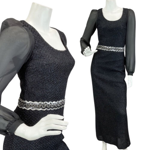 VINTAGE 60s 70s BLACK MIDNIGHT BLUE SPARKLY SEQUIN PARTY DISCO MAXI DRESS 8