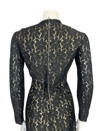 VTG 60S 70S BLACK EVENING LACE HANDMADE LONG SLEEVE PARTY MIDI DRESS 10 12