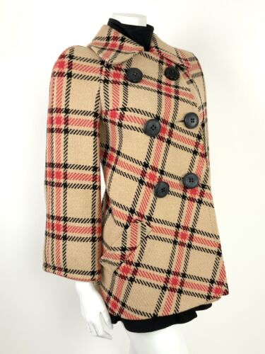 VINTAGE 60s 70s BEIGE BLACK RED PLAID CHECKERED SWING COAT 8 10