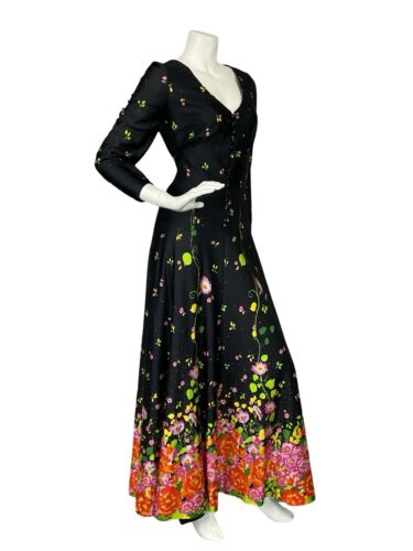 VTG 70S BLACK GREEN PINK ORANGE FLORAL PLUNGING NECK BUTTON UP MAXI DRESS 10 12