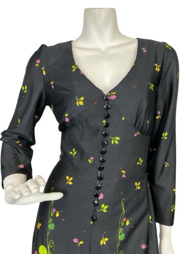 VTG 70S BLACK GREEN PINK ORANGE FLORAL PLUNGING NECK BUTTON UP MAXI DRESS 10 12
