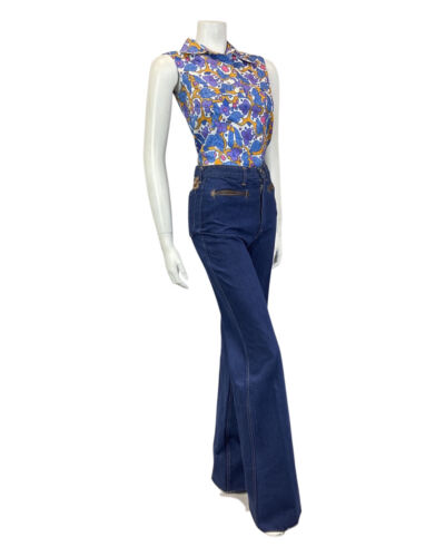VINTAGE 60s 70s WHITE PURPLE BLUE GEOMTERIC FLORAL SLEEVELESS BLOUSE 8 10