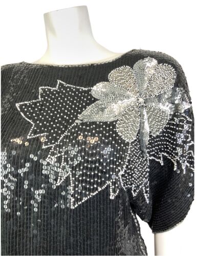 VINTAGE 70s 80s BLACK SILVER WHITE SEQUIN BEADED FLORAL DISCO PARTY TOP 16 18